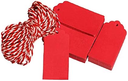 Подарък Етикет с Въжета за подаръци от Крафт-хартия и Червен Цвят, 100 броя Коледни Подаръци Правоъгълни Етикети