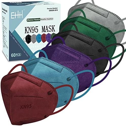Маски за лице KN95 за възрастен, 60 опаковки, в индивидуална опаковка, 5-слойни Цветни маски KN95 за жени и мъже, Дишащи и удобни, за Еднократна употреба маска с регулируем