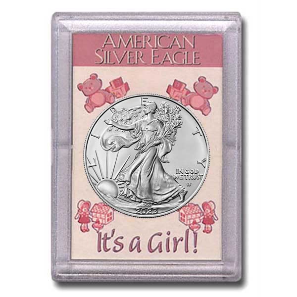 Американски Сребърен орел 2023 г. в монетния двор на САЩ с надпис It' s a Girl, долар, без да се прибягва