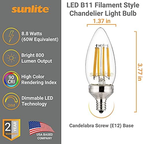 Led лампа Sunlite 40270 за полилеи Edison B11 с торпедообразным фитил, 8,8 W (еквивалент на 75 W), На 800 Лумена, Основата