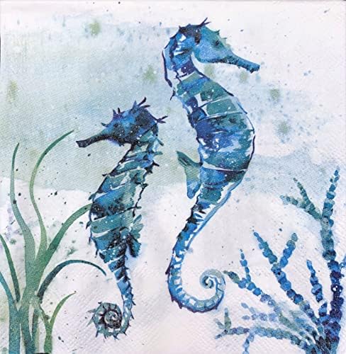 3-Слойна Хартиени салфетки с размери 40 карата 13 x 13 на морска тематика с морски живот | Величествени морски кончета,