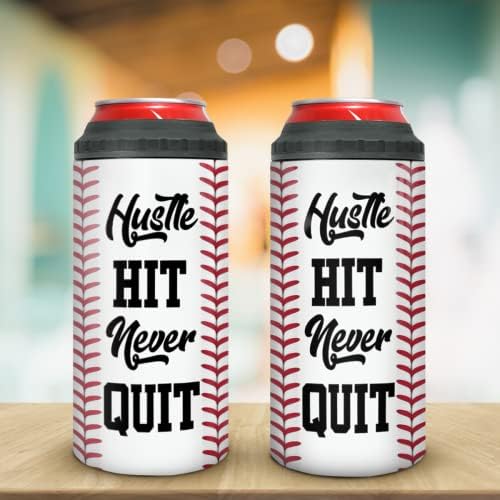 wowcugi Бейзболен чаша Hustle Hit Never Quit 4-в-1 Консервна Охладител От Неръждаема Стомана, Изолирани Чаши, Кафе