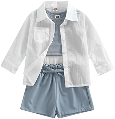 Комплект Летни дрехи За малките момичета, Съкратен Блузи Без ръкав, Жилетка + Бяла Риза + Шорти от еластична гумена