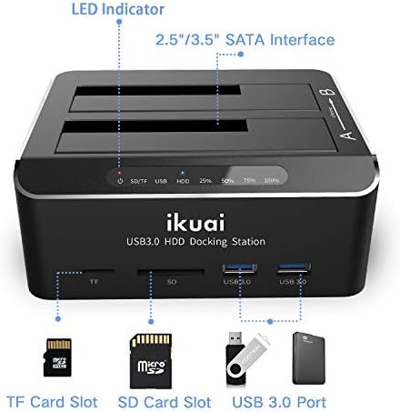 ikuai SATA USB 3.0 докинг станция за твърд диск с две отделения + 7 портове USB 3.0 хъб с адаптер на захранване 5-3A