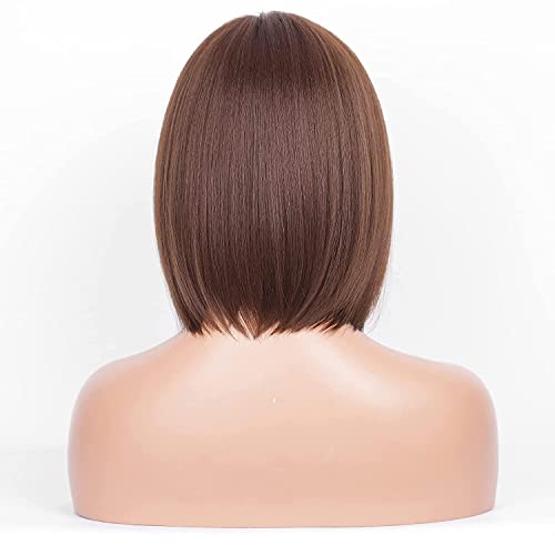 Перуки с къси кафяви коса-боб за жени, директни синтетични косми е с чисти бретон