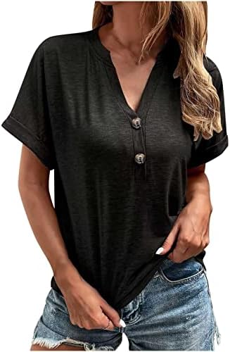 Дамски Однотонная Риза с копчета, с V-образно деколте, Ежедневни, С Къс Ръкав, Свободно Намаляване, Работна Блуза