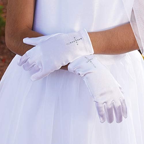 Дамски Бели Ръкавици за Първо Причастие с Кръст от Страз, Среден размер