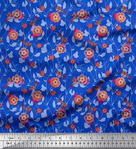Парцела плат за шиене от futon трикотаж Soimoi син цвят с листа и цветя художествен принтом ширина 58 см
