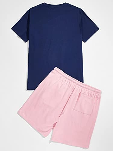 Floerns Мъжки Облекла от 2 теми, Тениска с принтом Пейсли, Комплект спортни шорти на съвсем малък, Синьо, Розово M