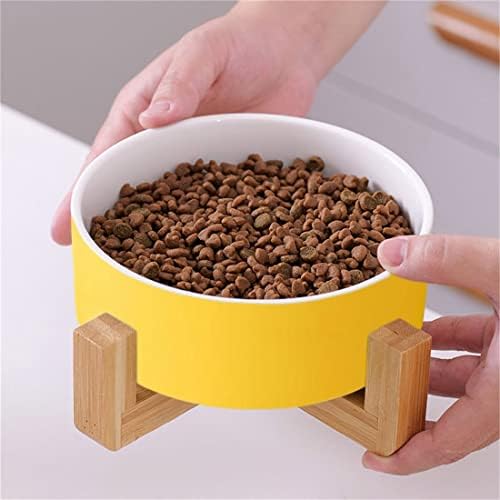 Керамични купички за кучета и котки NLTC с бамбукова стойка за храна и вода за кучета и котки (жълт единична купа