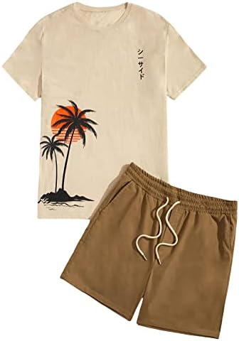 Мъжки дрехи GORGLITTER от 2 теми, Тениска с къс ръкав и завязками на талията с Тропически принтом и къси Панталони,