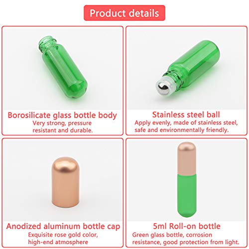 JIUWU 8 Опаковки, 5 мл, 1/6 унция, Зелени Празна Стъклена Бутилка за Многократна употреба-ролки за Етерични масла с Лъжичка