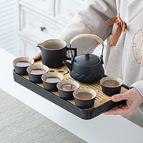 Азиатски чай ICHAG |Чай, комплекти кунг-фу |Керамични преносим чай|чай комплект за възрастен | 13 елементи в сив кожен калъф |Чай като подарък за дома, на улицата, бизнес