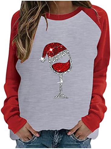 Дамски Блузи с Чаша Червено Вино, Пуловер с Качулка, Върхове с Цветен Блок, Коледен Пуловер С Дълъг Ръкав,