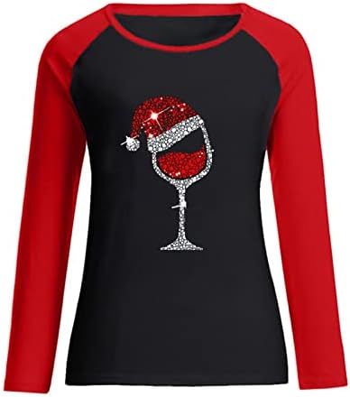 Дамски Блузи с Чаша Червено Вино, Пуловер с Качулка, Върхове с Цветен Блок, Коледен Пуловер С Дълъг Ръкав,