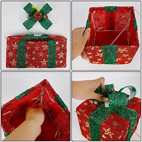 Prsildan Коледен Комплект от 3 Подарък Кутии с Подсветка, 60 led Лампи, Червена Подарък Кутия с Лък и Борова Копче, Зимна