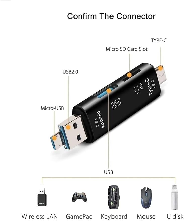 Мултифункционален четец на карти VOLT + 5 в 1, който е съвместим с Bang & OLUFSEN Beoplay H9i, оборудван с устройство за четене на карти USB Type-C/ microUSB/ Tf / USB 2.0 / SD (черен)