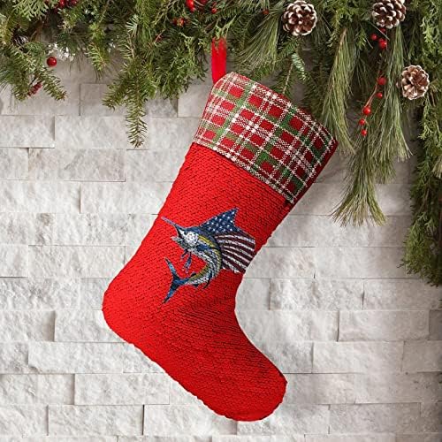 Риба Марлин Патриотичен Флаг на САЩ, коледа, Коледни Празници Чорапи С Пайети, Обратим, което променя Цвета
