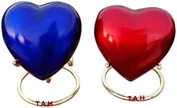 Комплект от 2 Червени и Сини Мини-Урни за кремация във формата на Сърце за спомен с Месинг поставка - за вашия