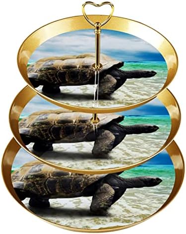 3-Нива Поставка за Кифли Кула За Кифли Дисплей Титуляр за Кексчета за Десерт Дърво Кула за Партита Декор Дейности, Морска Костенурка Плаж Океанските Животни