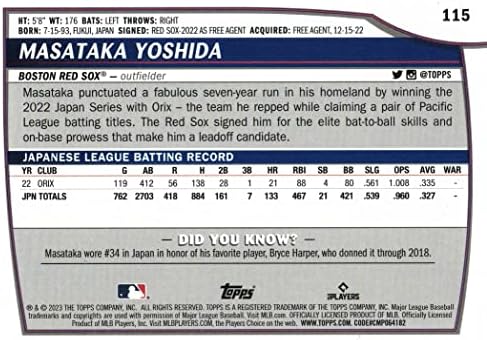 2023 се Оглавява от Големите лиги, бейзбол #115 Masataka Йошида Карта начинаещ Ред Сокс