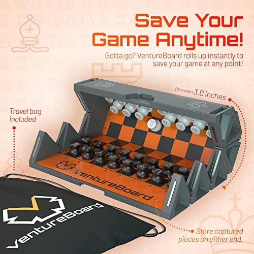 Настолна игра VENTUREBOARD 6 Инча, с Магнитно Уникален набор от шах - 2 Допълнителни Кралицата - Сгъваема дъска, Преносими фигури за пътуване - Оранжево / Сиво