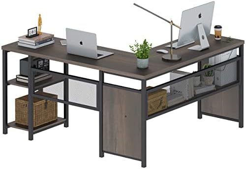 Компютърна маса FATORRI L-образна форма, Промишлен Маса за Домашен офис с рафтове, Ъглов маса в селски стил от дърво и метал